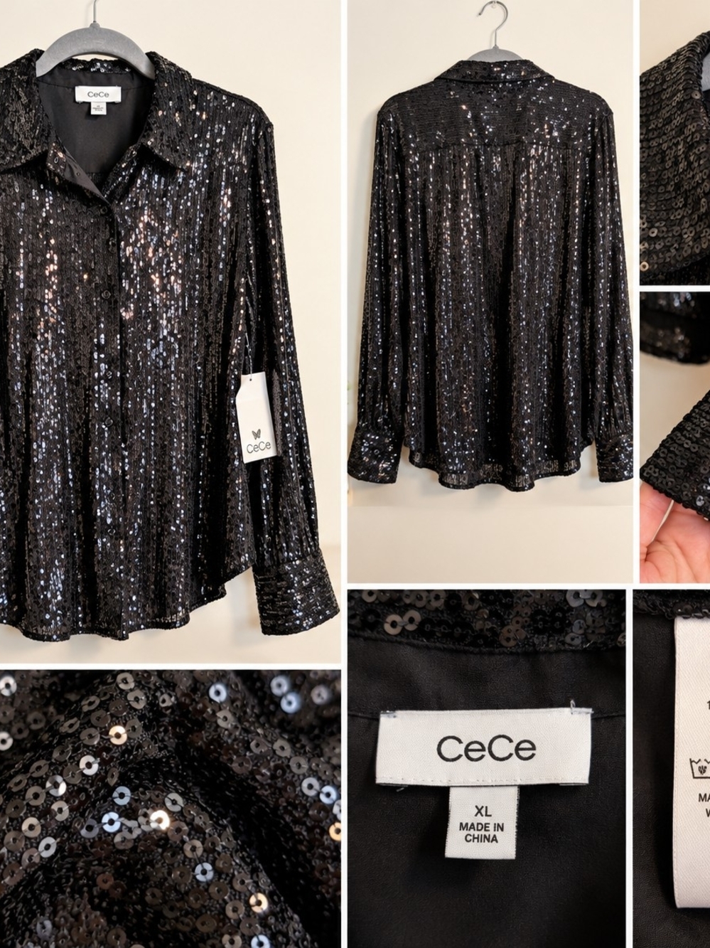 CeCe Black Sequin Button-Up Top